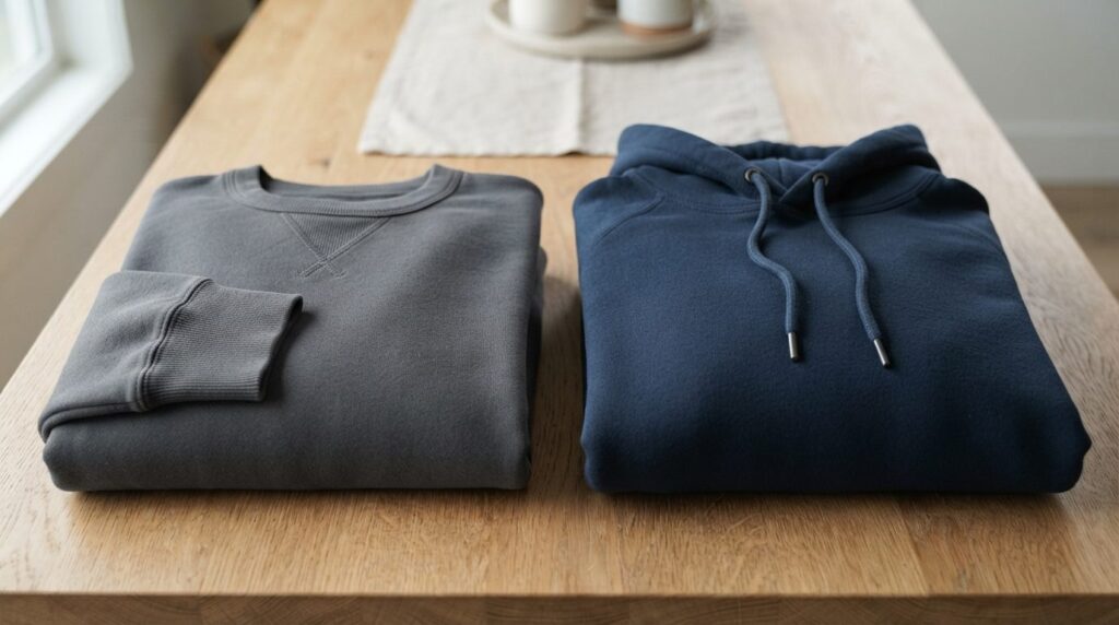 Close-up detail shot comparing two folded premium menswear i