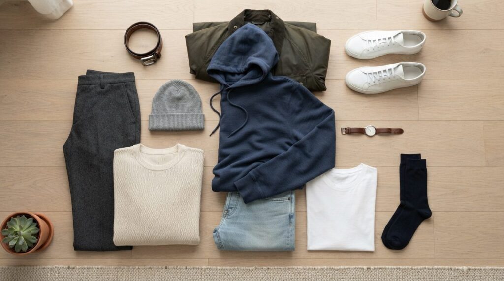 Overhead flat lay of a carefully curated mens casual wardro