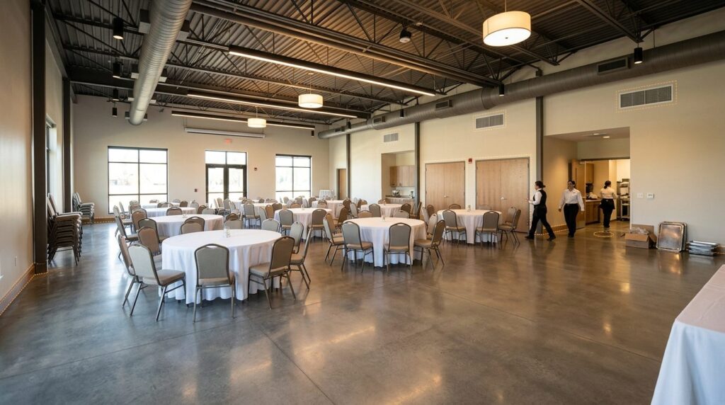 Wide shot of a modern event hall or banquet space interior w